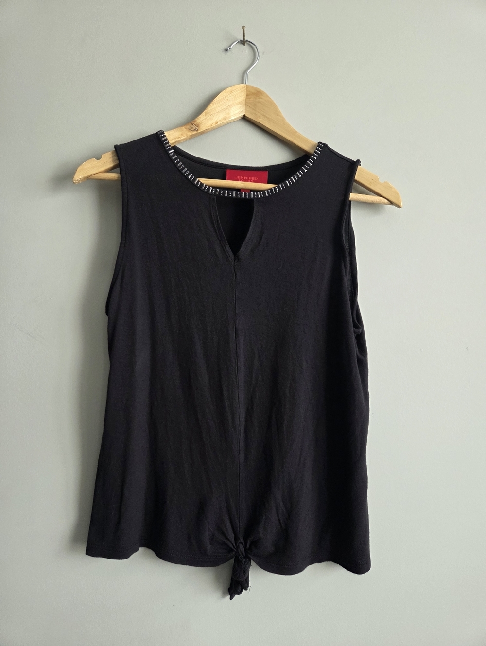 Jennifer Lopez Black Sleeveless Keyhole Tank Top Front Tie Beaded Neckline Y2k